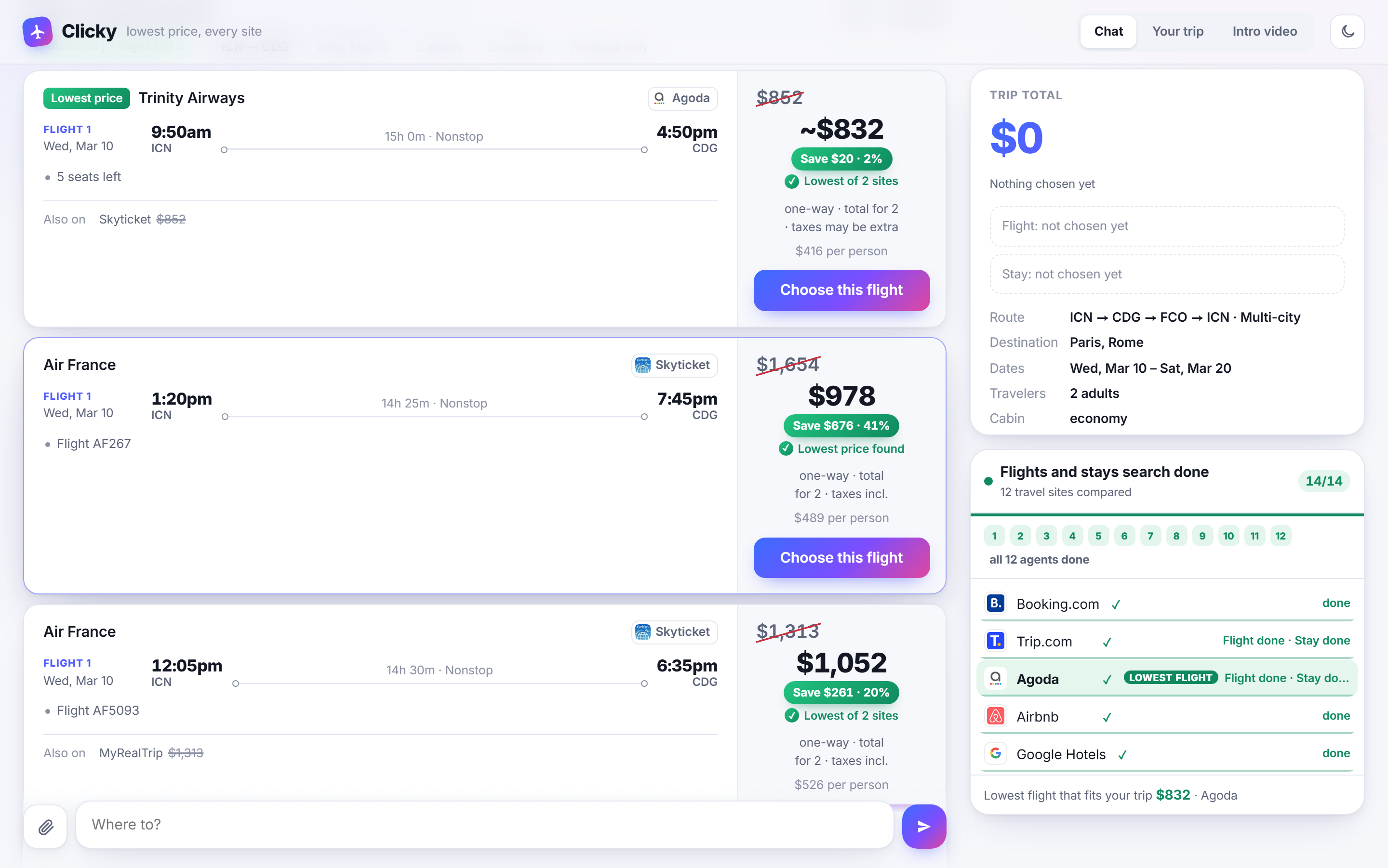 Clicky app showing flight comparisons, a trip summary, and search results across travel providers